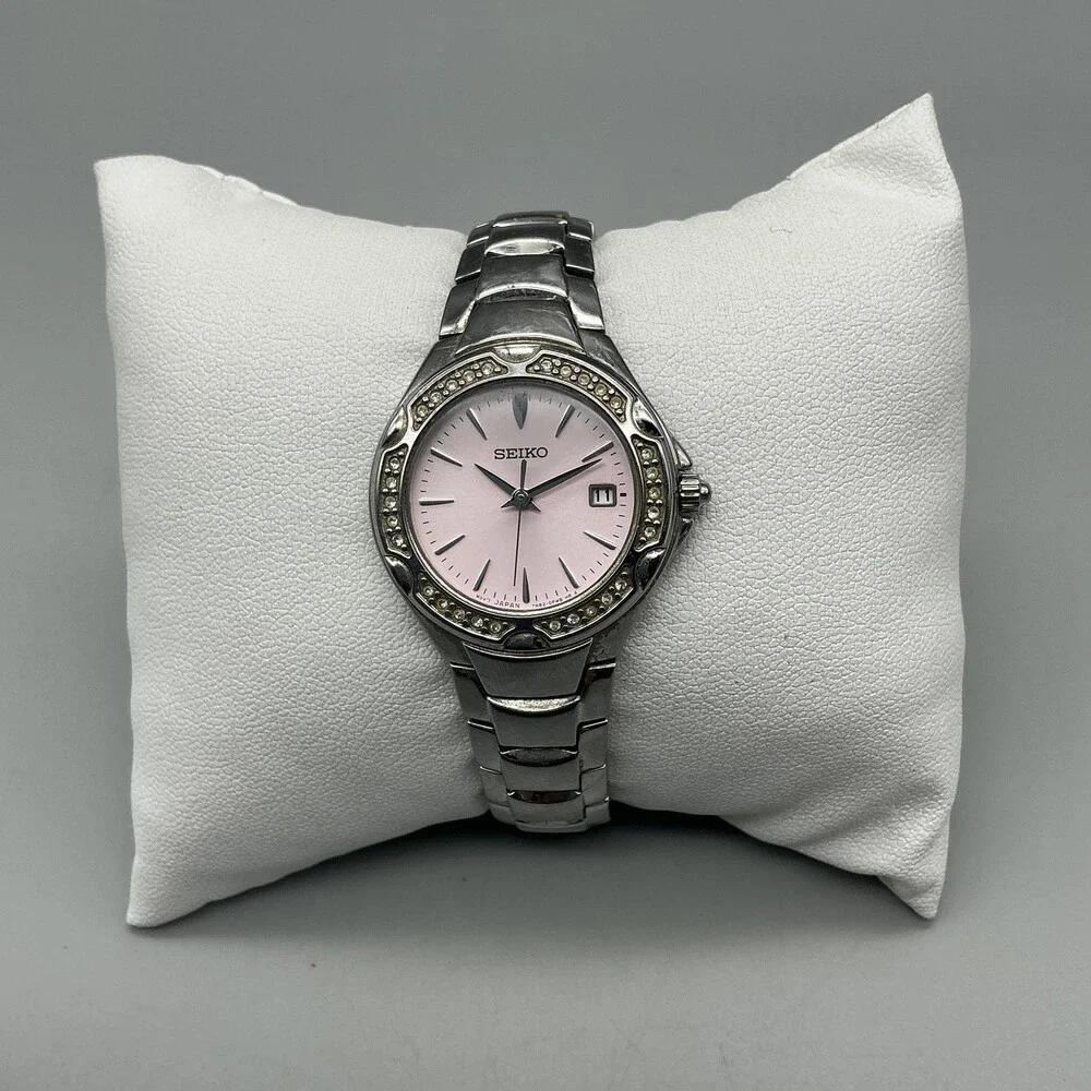 Seiko 7N82-0GG0 Womens Watch 26mm Pink Dial Crystals Stainless New Battery 6